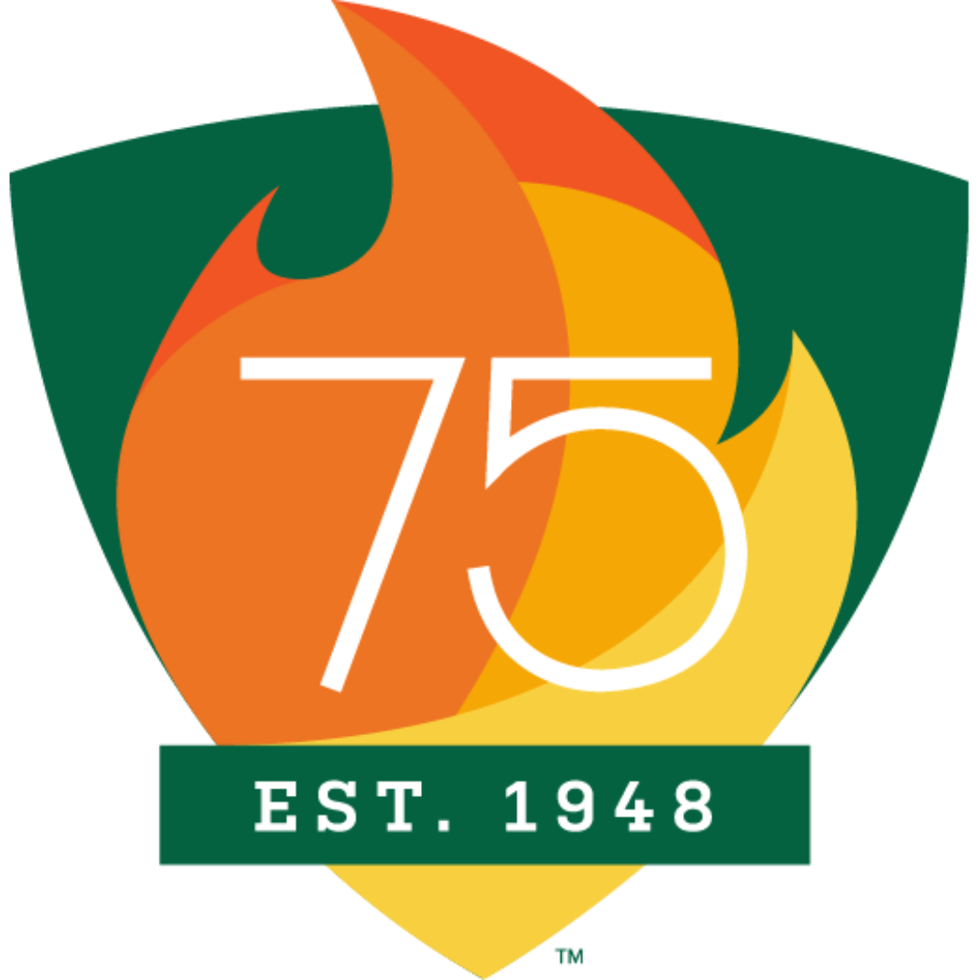 An emblem of a green sheild covered in orange flames with the large numbers,